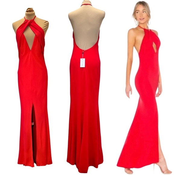 Revolve Lovers + Friends - Large NWT - Red Long Halter Backless Dress - Rosa - Picture 1 of 8